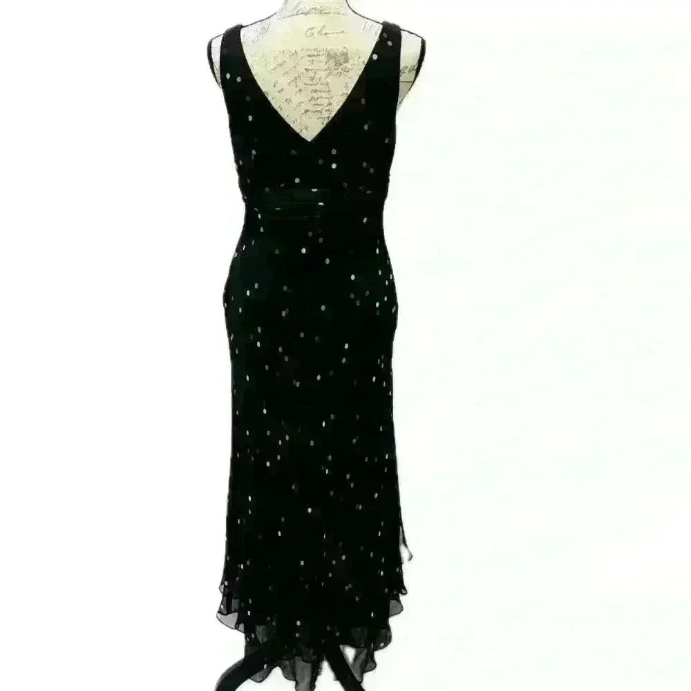 Anne Klein Silk Sleeveless Ruffle Front Slit Midi Dress Black w/Dots Sz 10 - Picture 3 of 10